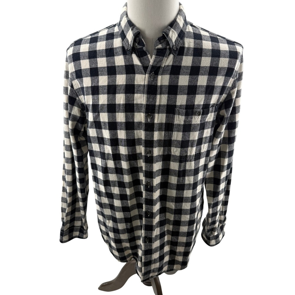 J.Crew Mens Buffalo Check Flannel Shirt‎ Black Ivory Elbow Patches Size Medium
